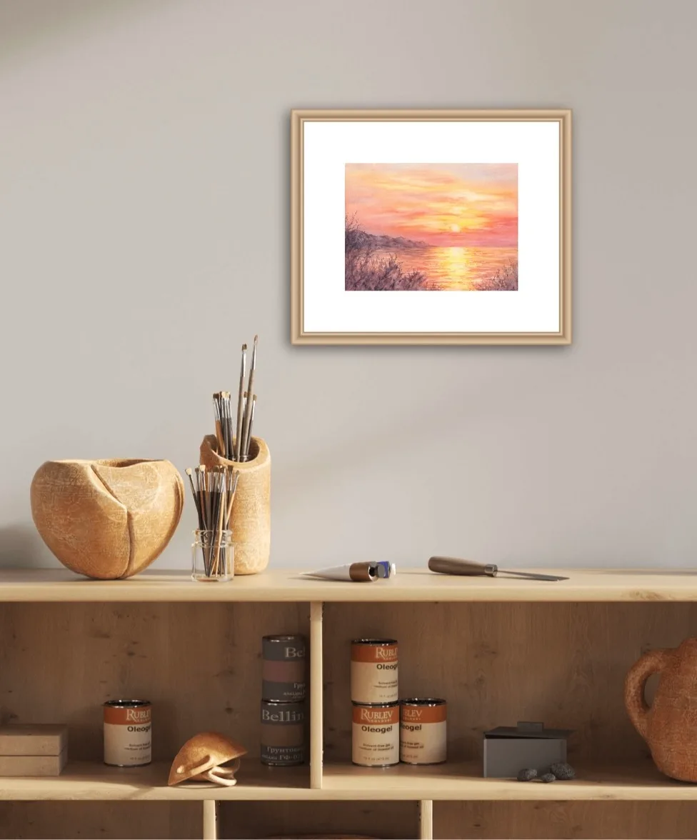 Framed ‘Golden Sunset’ painting on a wall, bringing a peaceful and vibrant atmosphere with its radiant sunset colors.