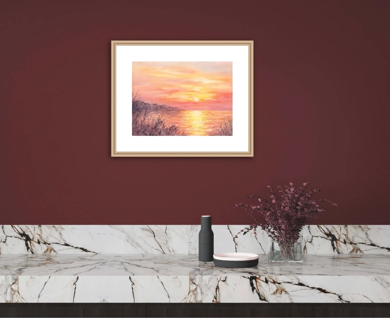 ‘Golden Sunset’ framed in a minimalist dining room, offering a calming ocean scene with rich sunset tones.