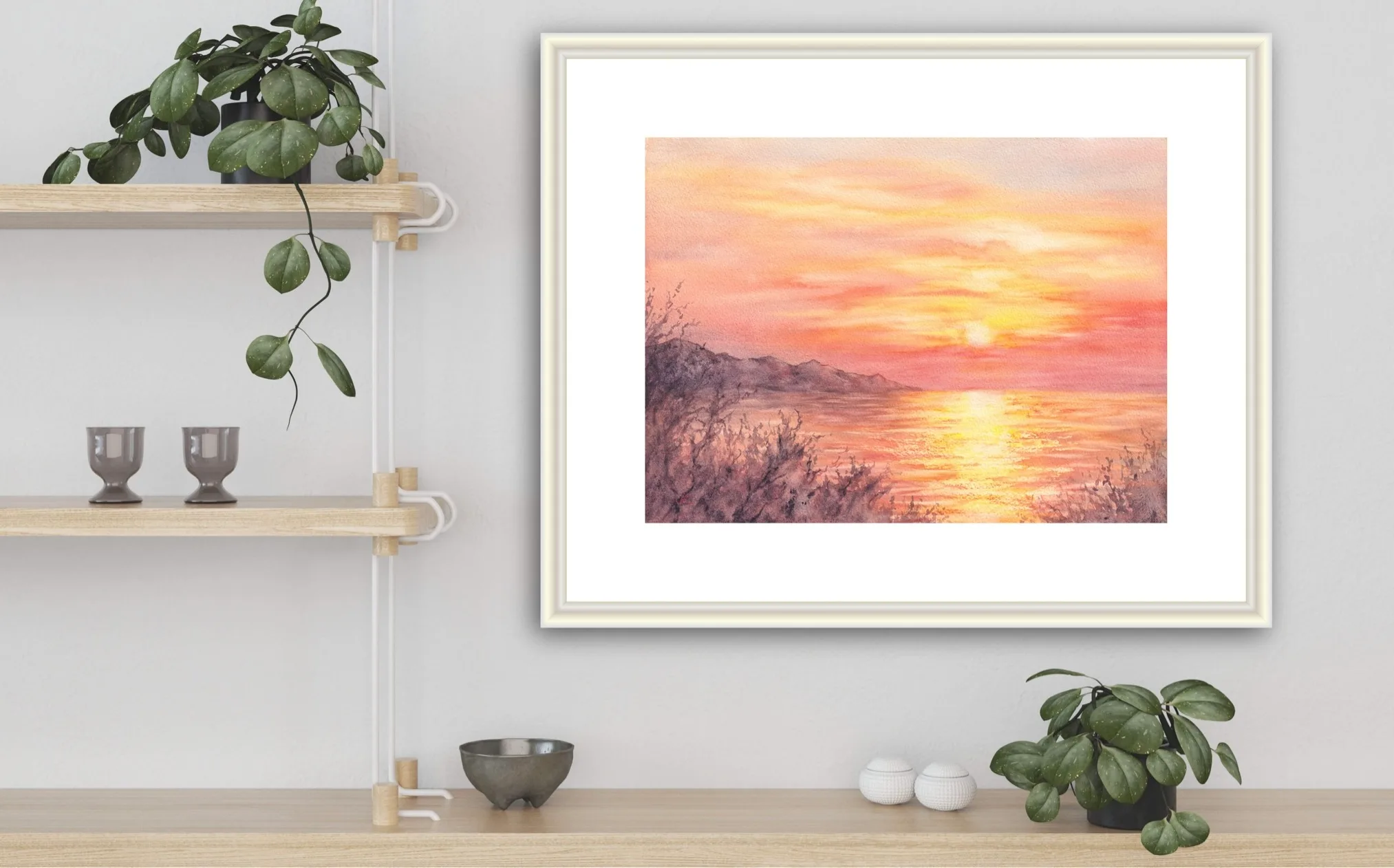 Framed ‘Golden Sunset’ in kitchen, enhancing the room with a beautiful sunset over the sea in glowing watercolor tones.