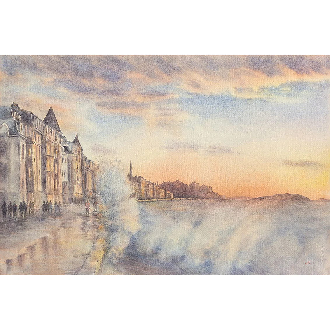 Wide shot of ‘Storm in Saint-Malo,’ a watercolor capturing the energy of ocean waves crashing against the Saint-Malo coastline under a dramatic sunset sky, blending vibrant colors and stormy weather.