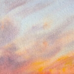 Detailed view of the painting ‘Sunset by the Sea,’ with the warm sunset colors and soft clouds in the sky