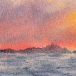 Close-up of the sunset sky in ‘Sunset by the Sea,’ emphasizing the warm and soft hues of orange and pink in the sky