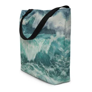 Beach Bag with a print of the large turquoise blue and green ocean wave “Storm”.