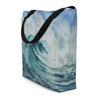 Beach Bag with a print of the large blue and green ocean wave painting “Whirlpool of serenity”.
