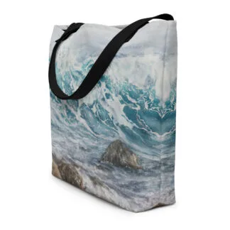 Beach Bag with the large ocean wave print “In shades of blue and grey”.