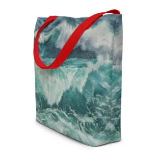 Beach Bag with a print of the large turquoise blue and green ocean wave “Storm”. - Red