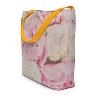Beach Bag with the print of the pink peony flowers painting “Peonies”.