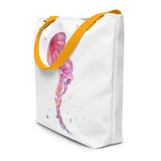 Beach Bag with the animal print of the pink jellyfish watercolor painting.