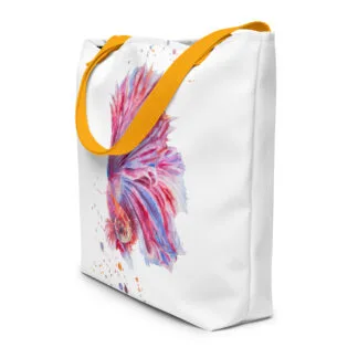 Beach Bag with the print of the pink betta fish watercolor painting.