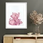 Pink Opuntia cactus watercolor painting displayed in a modern living room with soft natural decor, bringing a serene and elegant touch of botanical art with pastel tones to the space.