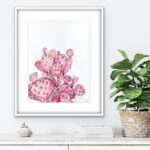 Pink Opuntia cactus watercolor painting framed above a shelf, adding a tranquil and delicate botanical touch to the bedroom with its soft pastel hues and intricate details.