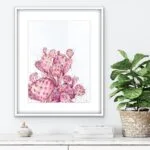 Pink Opuntia cactus watercolor painting framed above a shelf, adding a tranquil and delicate botanical touch to the bedroom with its soft pastel hues and intricate details.
