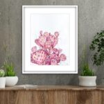 Watercolor painting of a pink Opuntia cactus in a nature-inspired living room, adding a serene, botanical touch to the space and enhancing the natural decor with soft pastel tones.