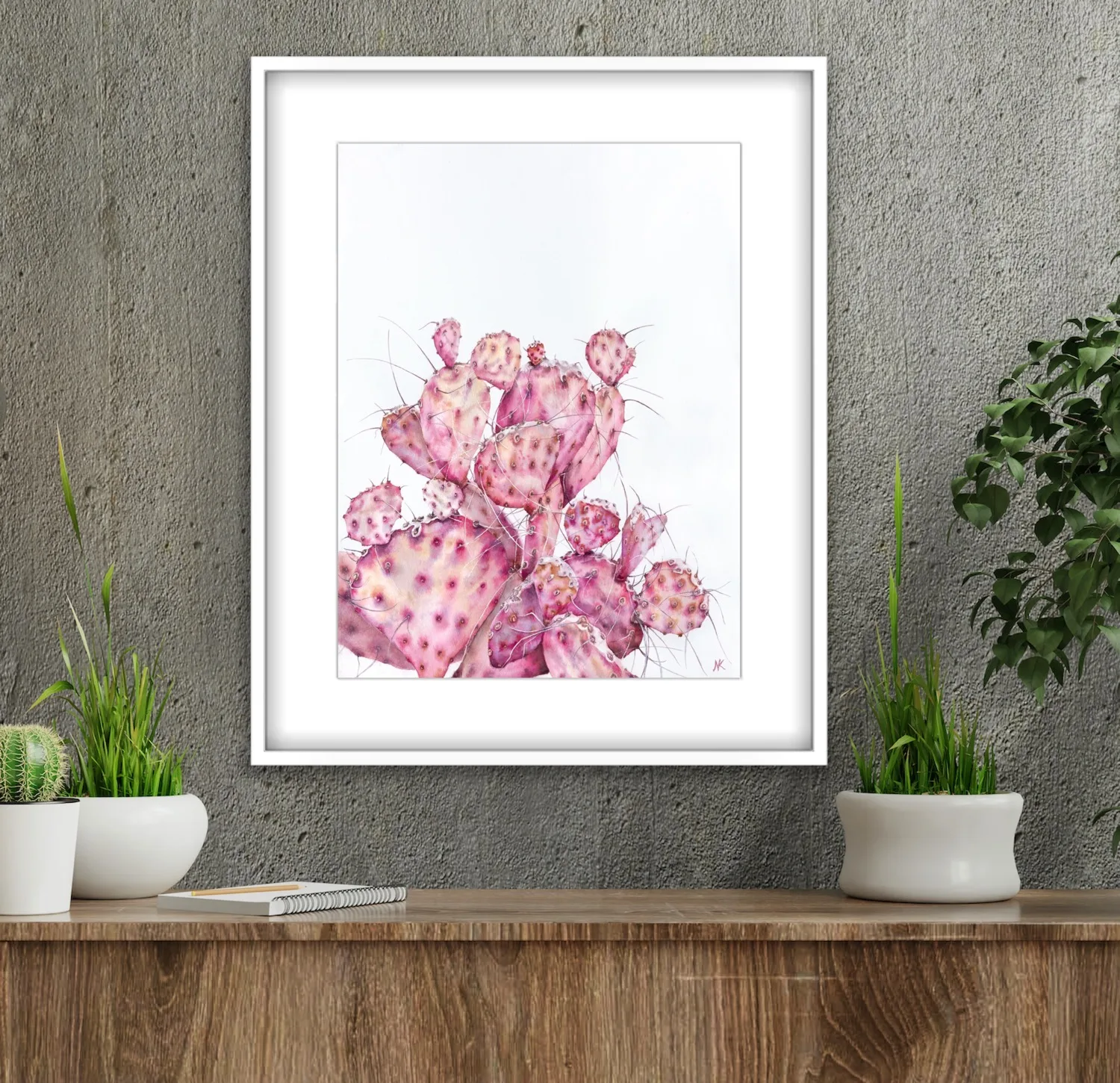 Watercolor painting of a pink Opuntia cactus in a nature-inspired living room, adding a serene, botanical touch to the space and enhancing the natural decor with soft pastel tones.