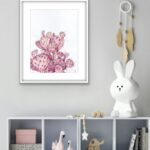 Watercolor painting of a pink Opuntia cactus in a kids room, bringing a touch of softness and botanical beauty to the playful, cheerful atmosphere of the space.