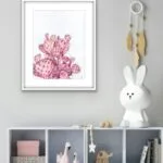 Watercolor painting of a pink Opuntia cactus in a kids room, bringing a touch of softness and botanical beauty to the playful, cheerful atmosphere of the space.