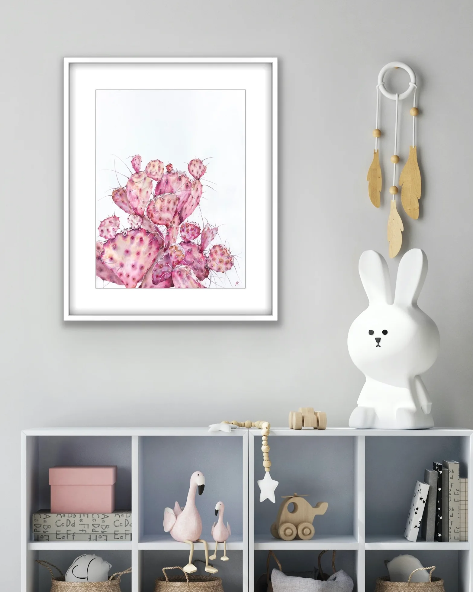 Watercolor painting of a pink Opuntia cactus in a kids room, bringing a touch of softness and botanical beauty to the playful, cheerful atmosphere of the space.