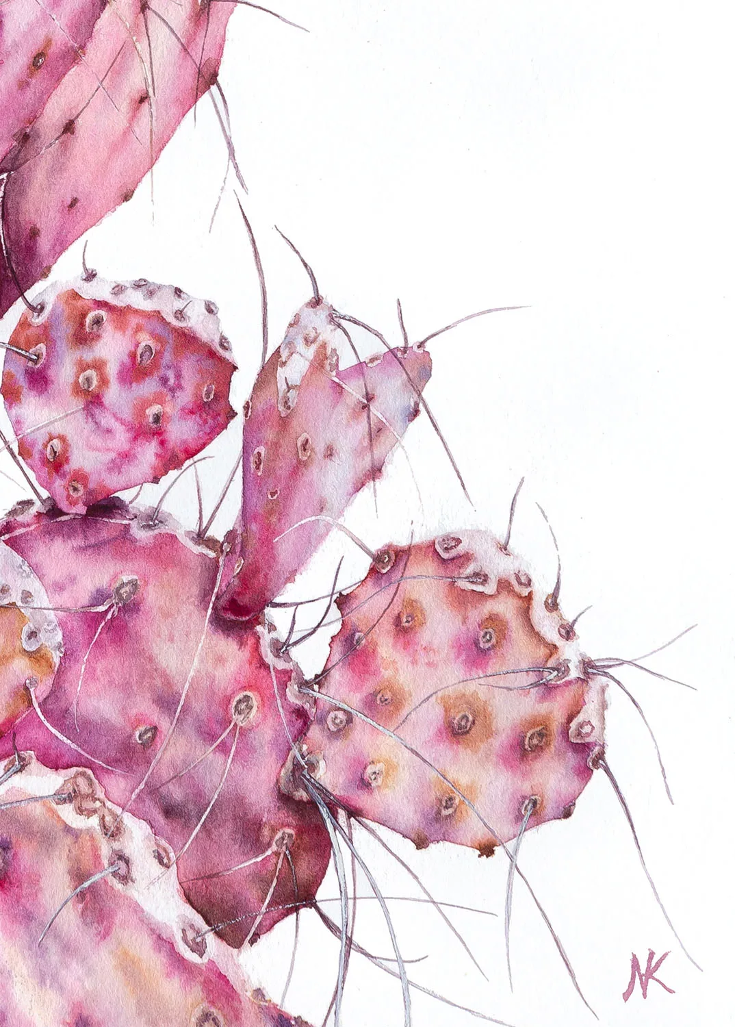 Detailed close-up of the pink opuntia cactus showing the delicate pastel hues and fine brushstrokes, capturing the intricate texture of the plant.