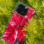 Red Poinsettia floral MagSafe iPhone case surrounded by green plants, vibrant Christmas flower artwork inspired by nature and holiday spirit.