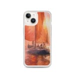 Stunning MagSafe iPhone 14 case with red sails at sunset ocean art, featuring vibrant hues of orange and red.