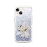 White lily flower in calm blue water watercolor MagSafe iPhone case for iPhone 14.