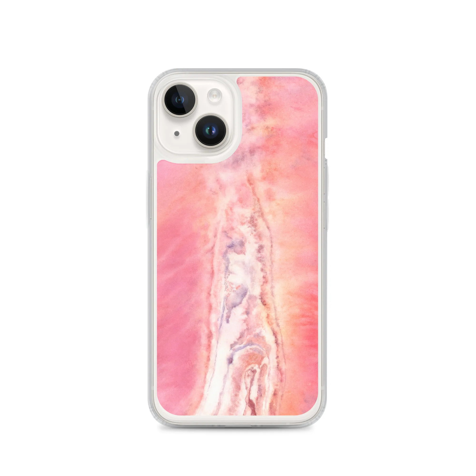 Elegant MagSafe iPhone 14 case with pink lakes abstract art, featuring vibrant tones and fluid shapes for a modern aesthetic.