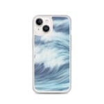 MagSafe iPhone 14 case with dynamic blue ocean waves, featuring original watercolor art.