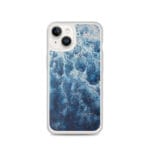 MagSafe clear case for iPhone 14 with navy blue abstract ocean watercolor art