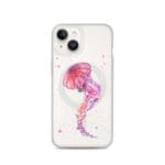 MagSafe clear case for iPhone 14 featuring pink jellyfish watercolor art in vivid colors.