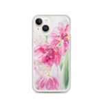 MagSafe clear case for iPhone 14 featuring delicate pink tulips watercolor art.