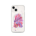 Pink Betta Fish MagSafe iPhone 14 case featuring watercolor painting of a vibrant pink and purple fish, stylish and artistic.