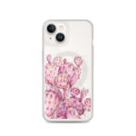 MagSafe iPhone 14 clear case featuring vibrant pink Opuntia cactus watercolor art with botanical elegance