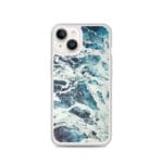 MagSafe clear case for iPhone 14 featuring abstract ocean water surface art in blue and green hues