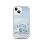 Turquoise ocean waves MagSafe case for iPhone 14, clear blue sky watercolor design.