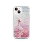 MagSafe iPhone 14 clear case featuring a watercolor painting of a girl stepping into pink ocean water under a soft blue sky