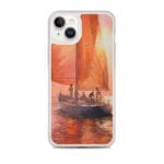 Elegant MagSafe iPhone 14 Plus case with a vivid ocean sunset and red sails design for nautical art lovers.