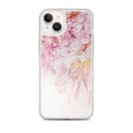 Elegant pink and white peony flower spring art design iPhone 14 Plus MagSafe clear case.