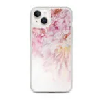 Elegant pink and white peony flower spring art design iPhone 14 Plus MagSafe clear case.