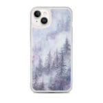 Winter wonderland watercolor painting phone case with snow-covered forest for iPhone 14 Plus.