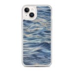 Elegant MagSafe iPhone 14 Plus case with original watercolor art of tranquil sea and sunset tones.
