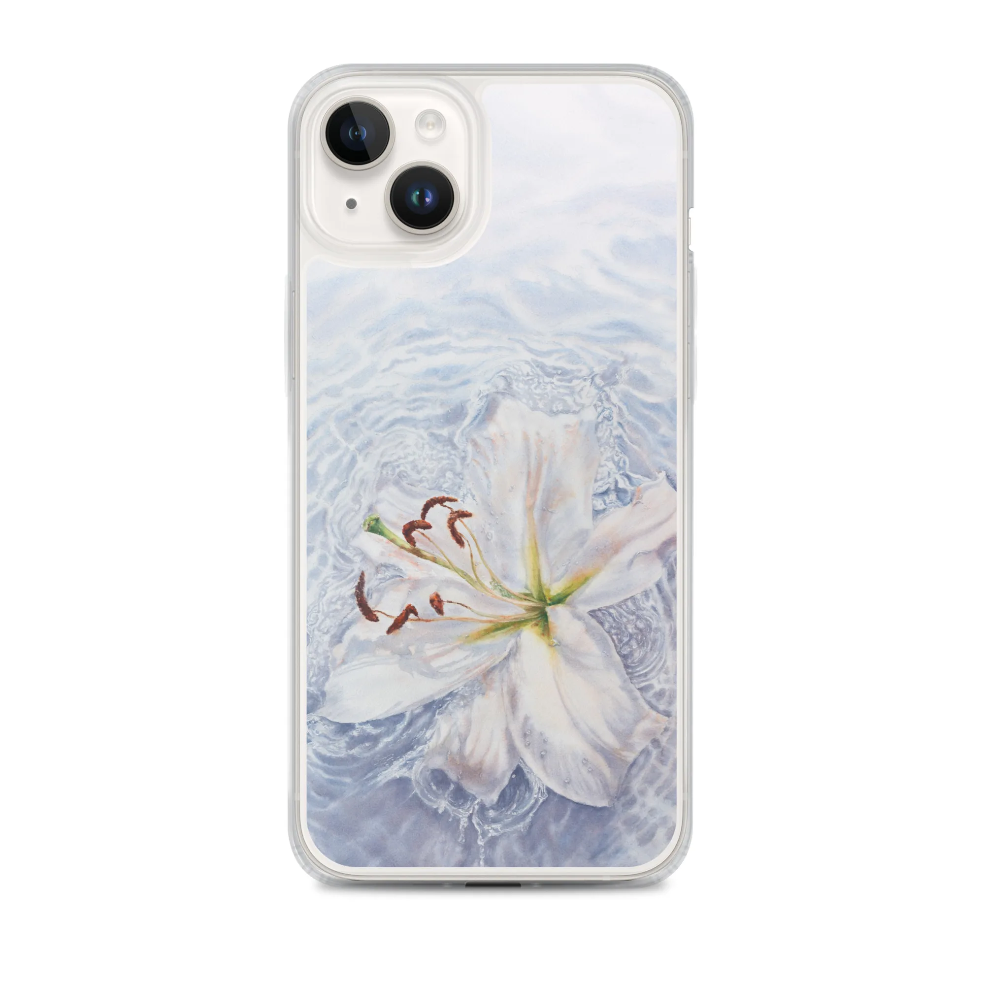 Serene floral iPhone 14 Plus MagSafe case featuring a delicate white lily in water.
