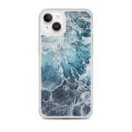 Durable MagSafe iPhone 14 Plus case featuring abstract serene ocean watercolor artwork in blue color.