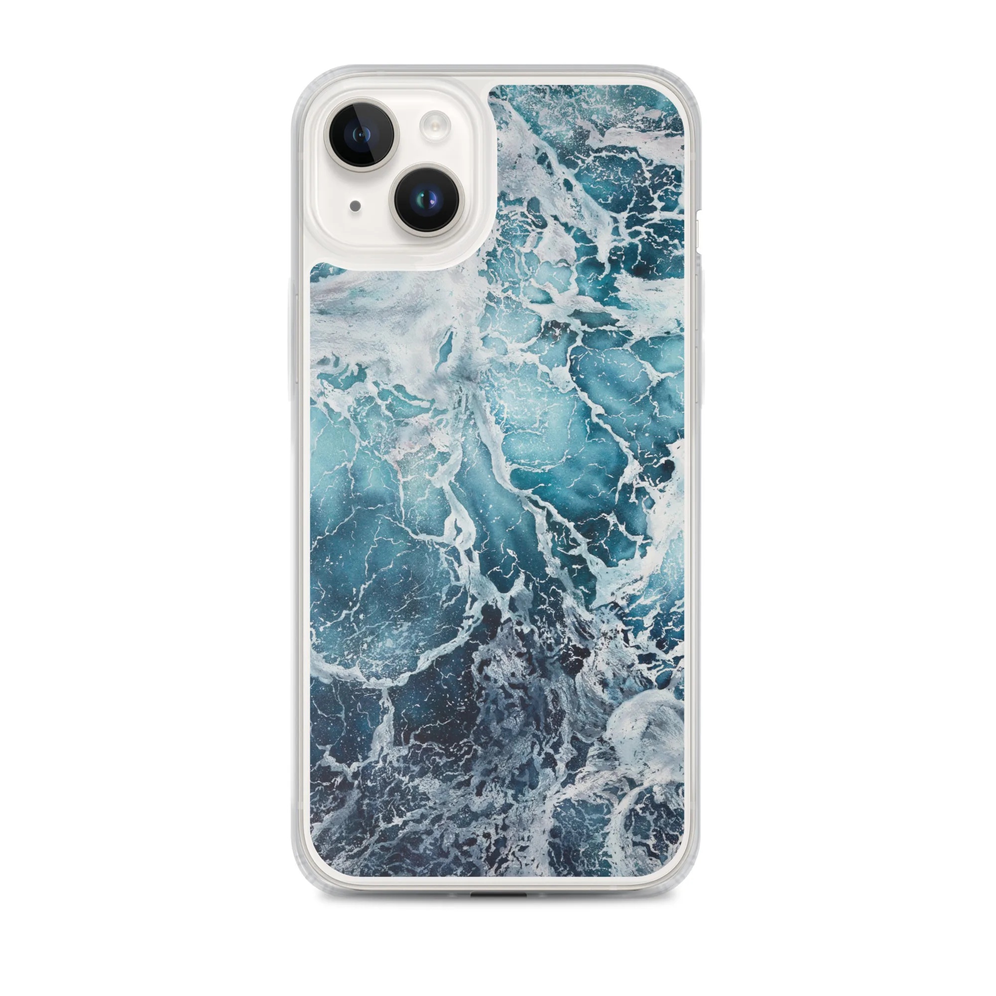 Durable MagSafe iPhone 14 Plus case featuring abstract serene ocean watercolor artwork in blue color.