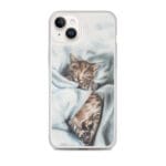 Soft brushstroke kitten MagSafe clear case for iPhone 14 Plus in blue and grey tones.