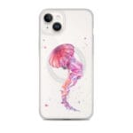 Artistic pink jellyfish MagSafe clear case for iPhone 14 Plus, showcasing original watercolor art.