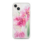 Artistic pink tulips MagSafe clear case for iPhone 14 Plus showcasing soft floral design.