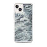 MagSafe case for iPhone 14 Plus with watercolor grey ocean waves art.