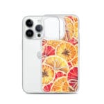 Christmas Oranges MagSafe iPhone case with watercolor orange slices on white iPhone, festive fruity clear phone case with holiday citrus design for iPhone 14, 15, and 16 models. Perfect seasonal phone accessory featuring hand-painted winter orange motif.