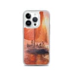 Artistic MagSafe iPhone 14 Pro case showcasing a watercolor painting of a sunset sea scene with a sailboat.