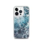 Artistic ocean-inspired MagSafe iPhone 14 Pro case with abstract beach-themed design in blue color.